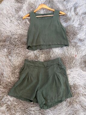 Olive Green Women's Linen Blend Short and Tank Set- Classic High-Waist Style
